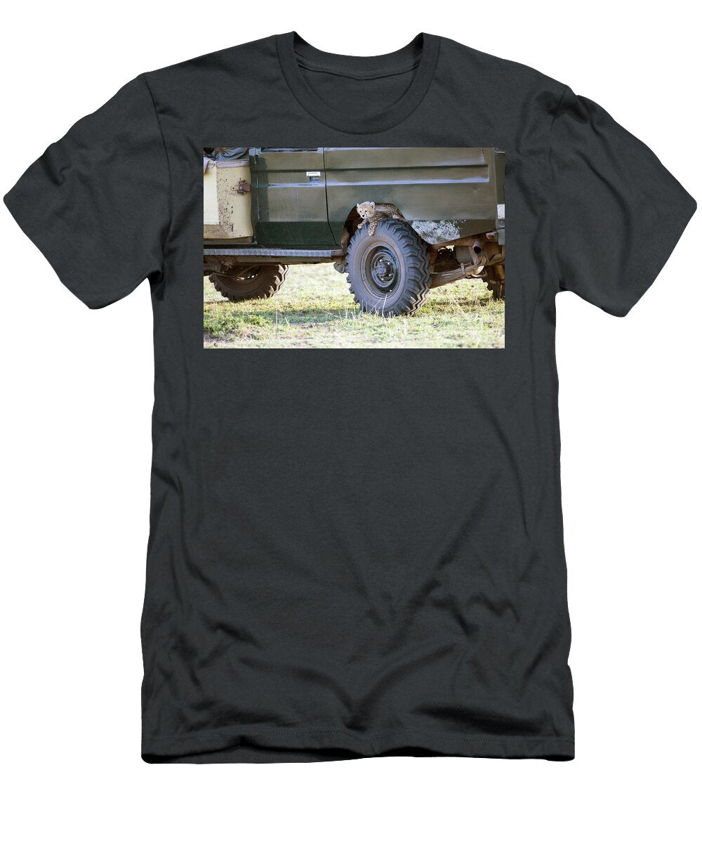 Cheetah Cub on Wheel of Vehicle Greg Dimijian T-Shirt
